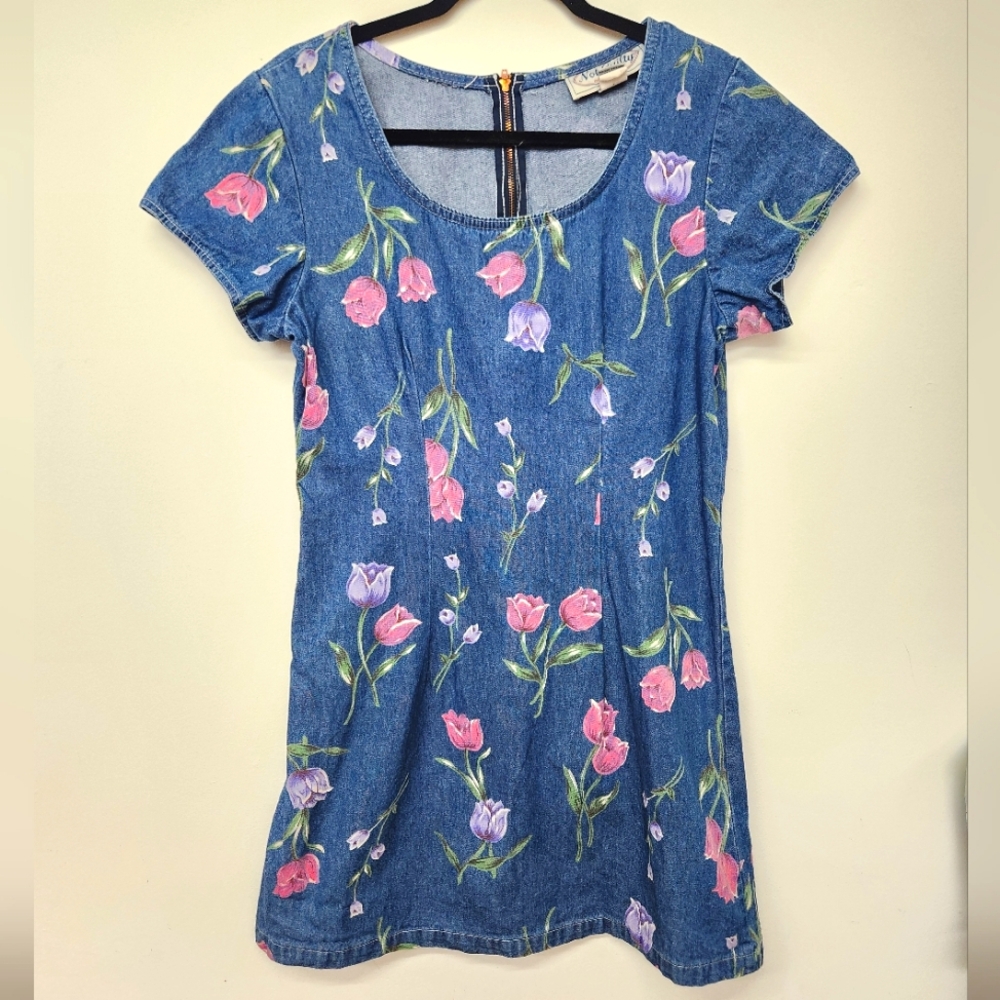 Vintage Floral Denim Fit and Flare Dress Womens 11/12 Blue Tulips Summer 90s